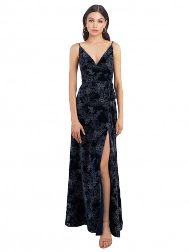Floral Velvet Surplice V-Neck Long Bridesmaid Dress with V-Back Brisbane