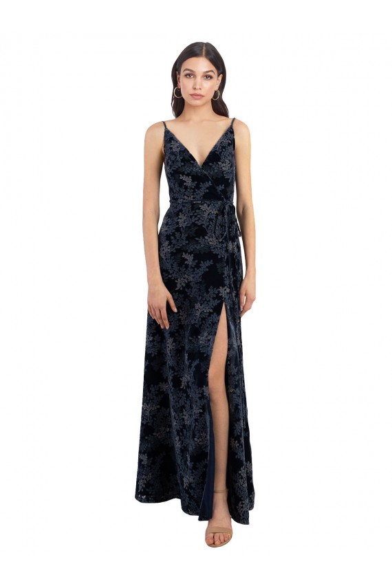Floral Velvet Surplice V-Neck Long Bridesmaid Dress with V-Back Brisbane