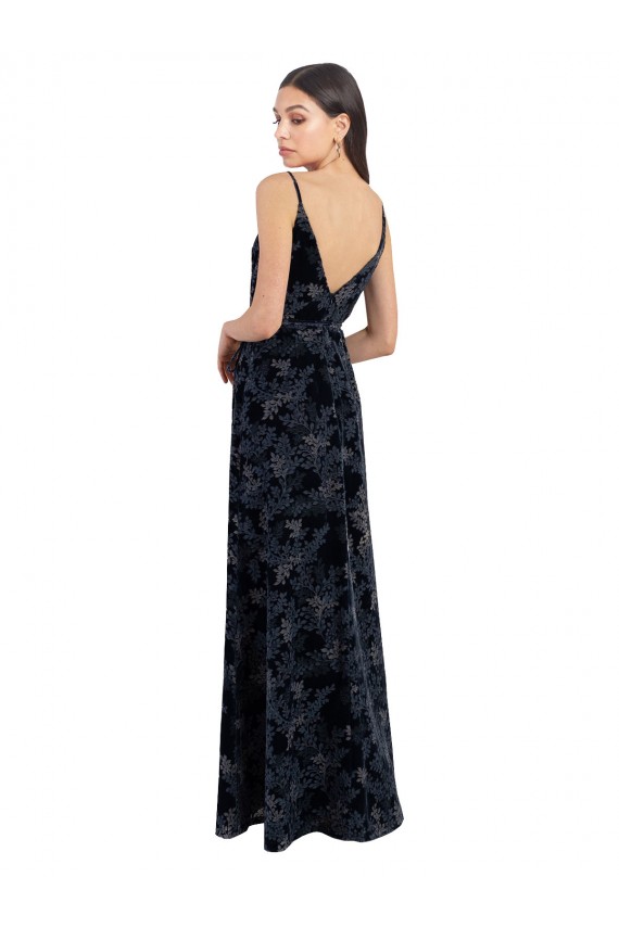 Floral Velvet Surplice V-Neck Long Bridesmaid Dress with V-Back Brisbane