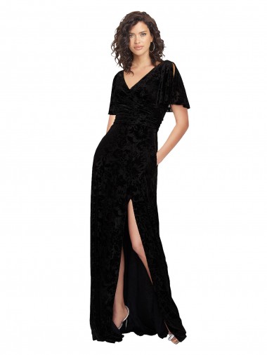Split Sleeves V-Neck Floral Velvet Bridesmaid Dress with Front Slit Brisbane