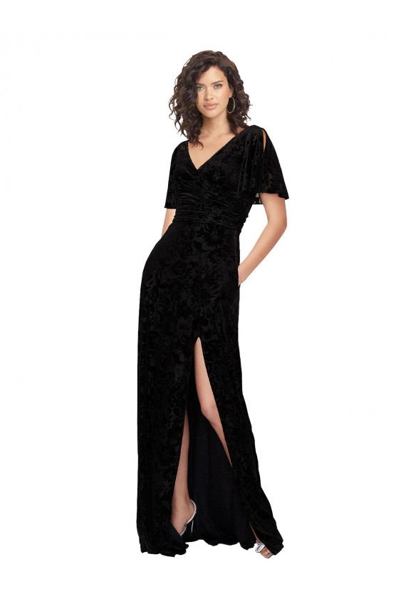 Split Sleeves V-Neck Floral Velvet Bridesmaid Dress with Front Slit Brisbane