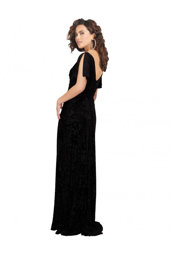 Split Sleeves V-Neck Floral Velvet Bridesmaid Dress with Front Slit Brisbane