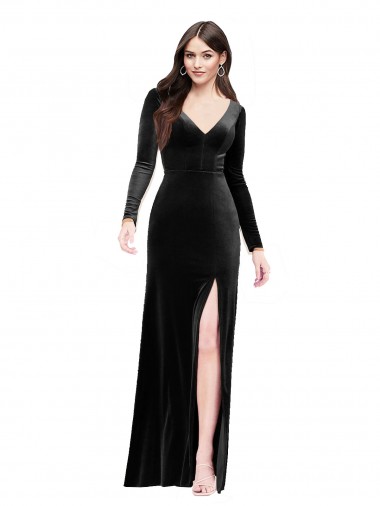 Long Sleeves Formal Velvet Bridesmaid Dress / Prom Dress with V-Neckline and Thigh Slit Brisbane