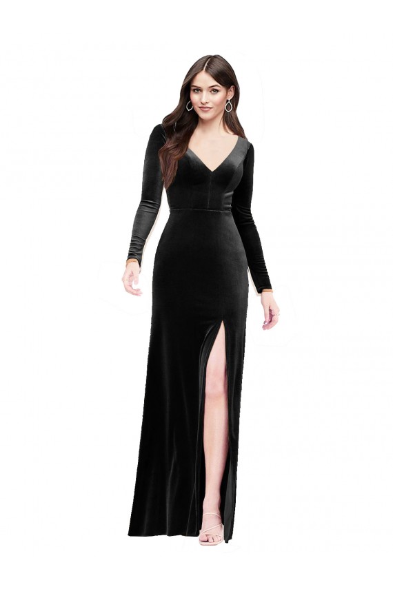Long Sleeves Formal Velvet Bridesmaid Dress / Prom Dress with V-Neckline and Thigh Slit Brisbane