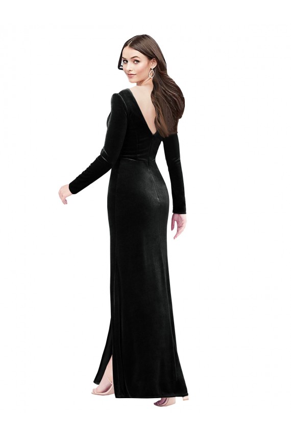 Long Sleeves Formal Velvet Bridesmaid Dress / Prom Dress with V-Neckline and Thigh Slit Brisbane
