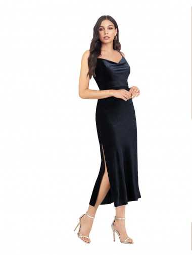 Midi Cocktail Length Formal Velvet Bridesmaid Dress / Prom Dress with Cowl Neck and Spaghetti Straps Brisbane