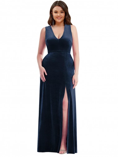 Deep V-Neck Sleeveless Formal Velvet Maxi Bridesmaid Dress / Prom Dress with Pockets Brisbane