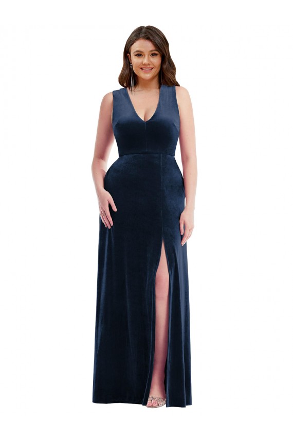 Deep V-Neck Sleeveless Formal Velvet Maxi Bridesmaid Dress / Prom Dress with Pockets Brisbane