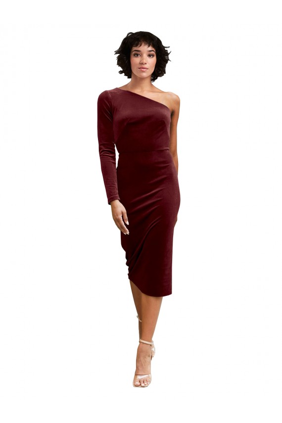 One Shoulder Fitted Short Midi Length Velvet Bridesmaid Dress / Prom Dress Brisbane