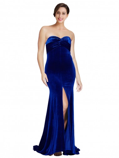Strapless Ruched Formal Velvet Bridesmaid Dress / Prom Dress with Sweep Train and Front Slit Brisbane