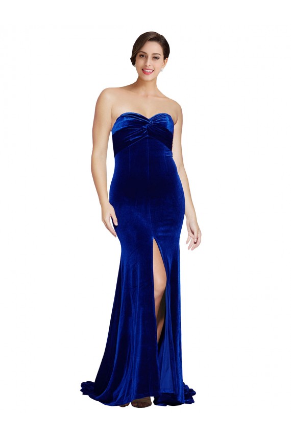 Strapless Ruched Formal Velvet Bridesmaid Dress / Prom Dress with Sweep Train and Front Slit Brisbane