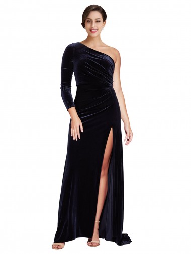 One Sleeve Long Formal Velvet Bridesmaid Dress / Prom Dress with Thigh High Split Brisbane