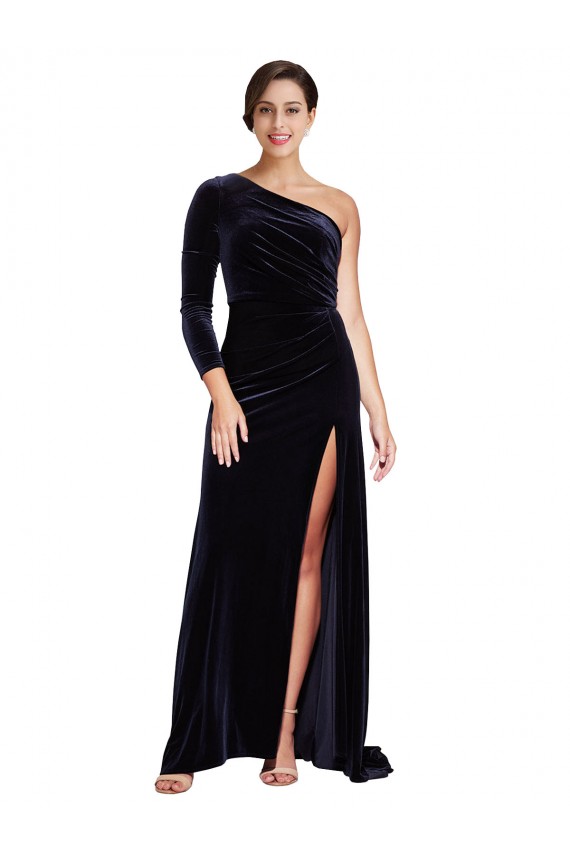 One Sleeve Long Formal Velvet Bridesmaid Dress / Prom Dress with Thigh High Split Brisbane