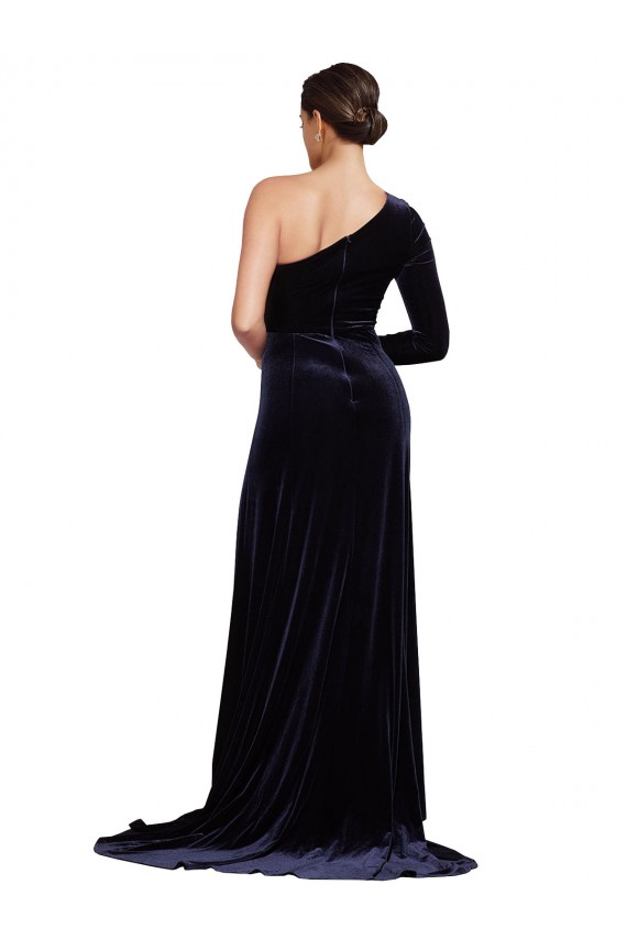 One Sleeve Long Formal Velvet Bridesmaid Dress / Prom Dress with Thigh High Split Brisbane