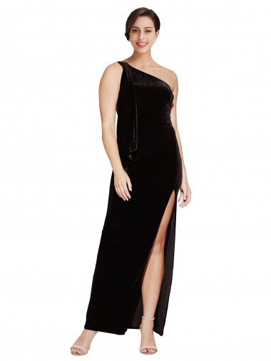 One Shoulder Long Formal Velvet Bridesmaid Dress / Prom Dress with Side Split and Shoulder Tie Brisbane
