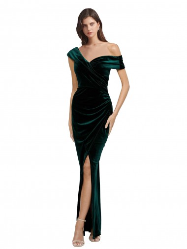 Long Asymmetric Neckline Ruched Formal Velvet Bridesmaid Dress / Prom Dress Brisbane