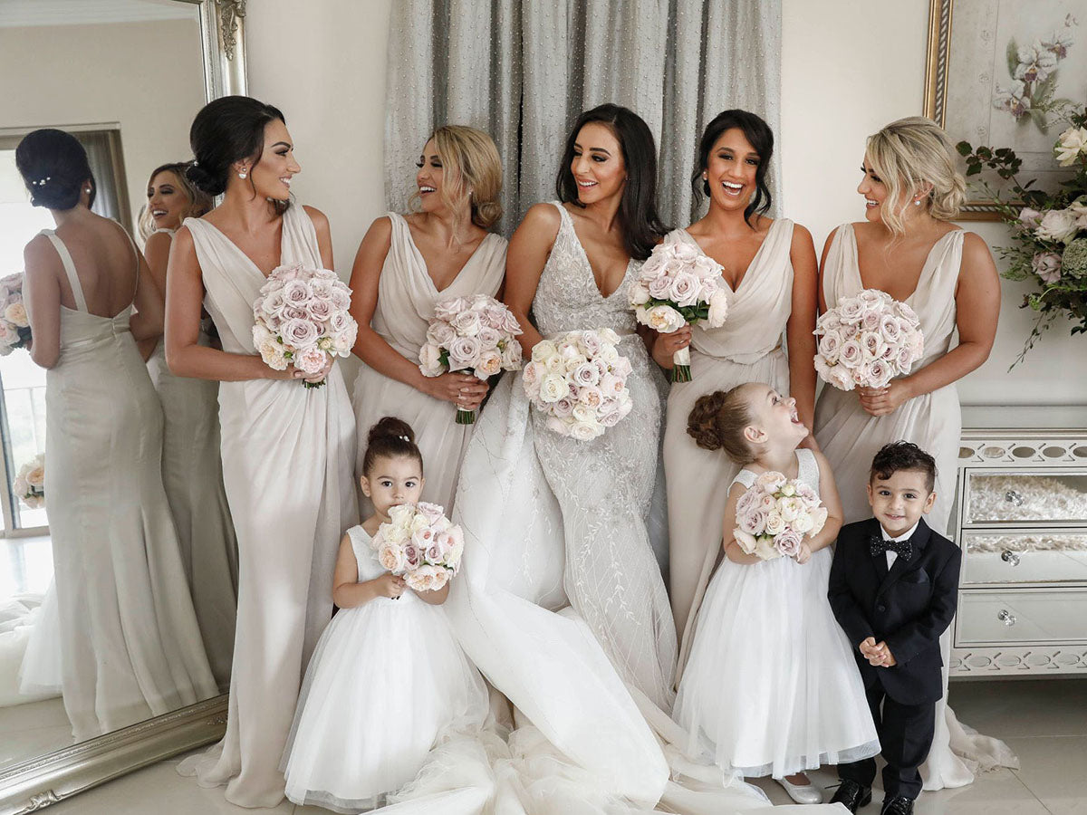 Full Length Luxe Chiffon Long Champagne bridesmaid dresses Brisbane with Sexy High Slit and Front Ruffles